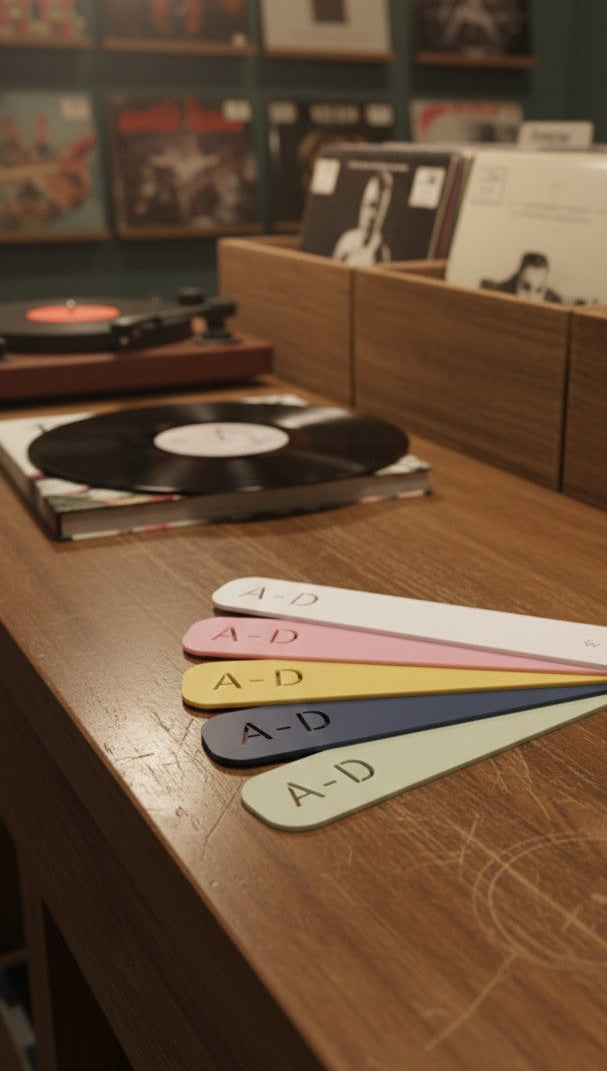 Record player on a wooden table with acrylic vinyl records and colour swatches in the background.