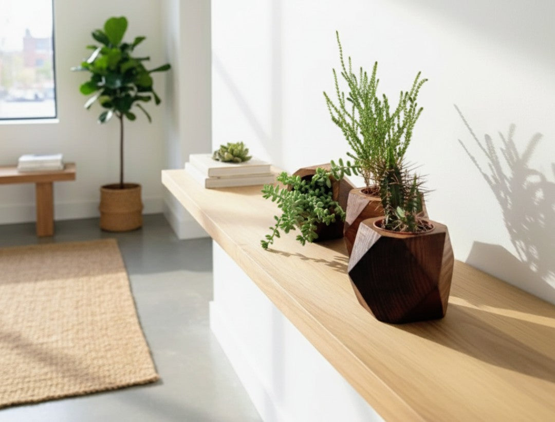 Modern interior with wooden shelf and potted plants